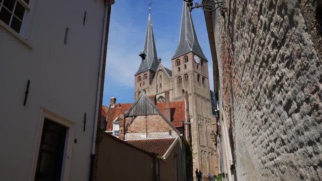 Facade of romanic basilica 'Bergkerk' in city of Deventer. This romanic church was built between 1198 and 1209