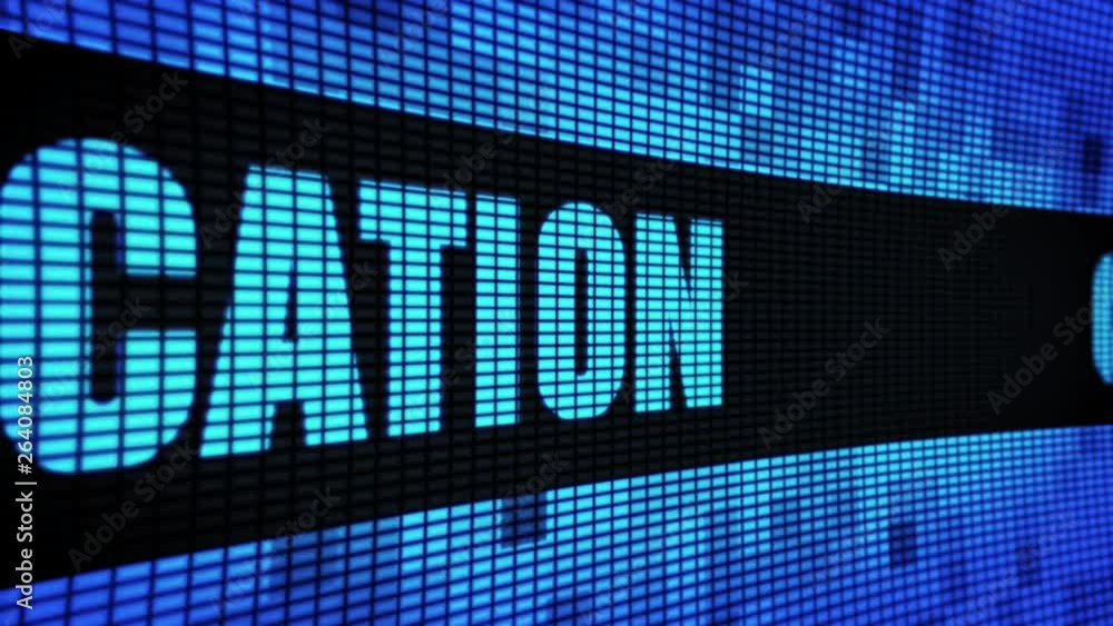 Poster cloud side text scrolling on light blue digital led display board pixel light screen looped animatio