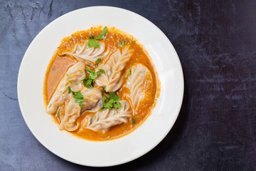 dumplings with sauce. Asian dumplings. top view, copy space for your text