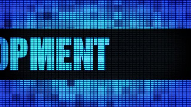 Web Development Front Text Scrolling on Light Blue Digital LED Display Board Pixel Light Screen Looped Animation 4K Background. Sign Board, Blinking Light, Pixel Monitor, LED Wall Pannel