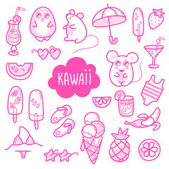 Kawaii cute collection of super cute animals penguin, mouse and summer sweet fruits, coctals and ice-cream and summer elements. 