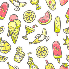 Kawaii cute seamless pattern with summer sweet food, ice-cream, fruits and coctails.