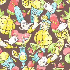 Kawaii cute seamless pattern with summer sweet food, ice-cream, fruits and coctails and funny characters jumping between desserts. 