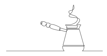 continuous line drawing of smoking coffee jezva pot