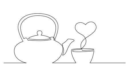 continuous line drawing of tea kettle and cup of tea with heart shape vapor