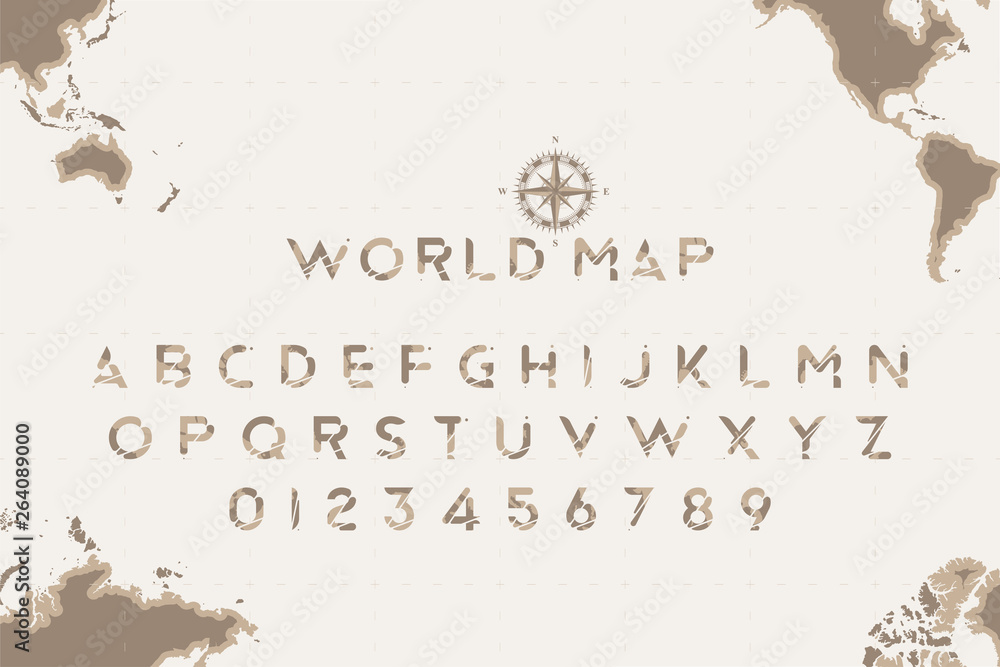 Poster original font in the form of a world map with a retro compass on the background. latin letters and n