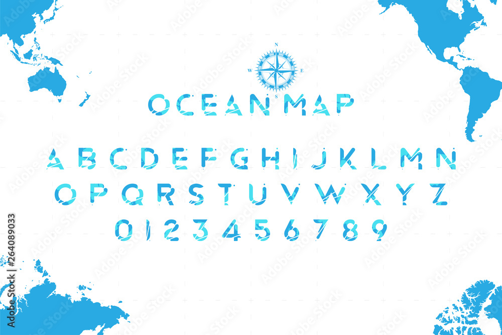 Poster original sea font in the form of a world map with a retro compass on the background. latin letters a