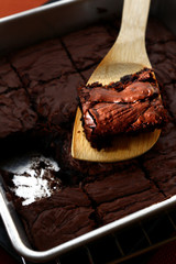 Chocolate brownies on a baking pan