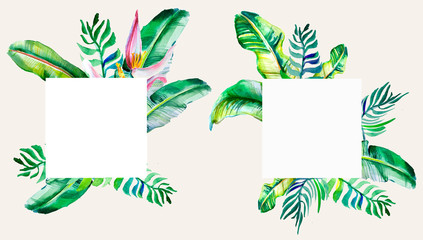 tropical frame design for inviting, event, wedding cards. Jungle leaves