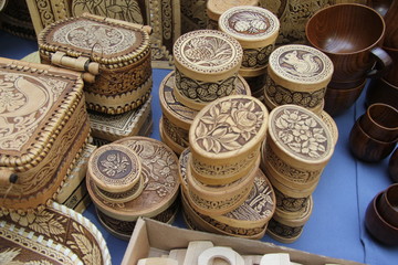 Ulan-Ude, Buryatia, Russia 04.22.2019. Exhibition and sale of Russian and Buryat folk Souvenirs Crafts Fair