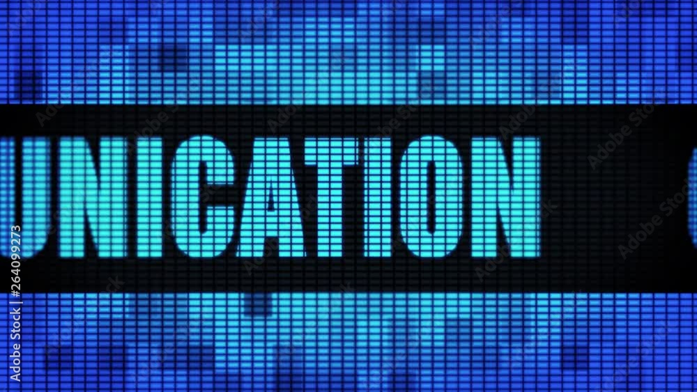 Poster online communication front text scrolling on light blue digital led display board pixel light screen
