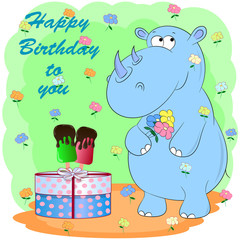 birthday greeting card with rhino. cartoon vector illustration.