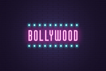 Fototapeta premium Neon composition of headline Bollywood. Neon Text