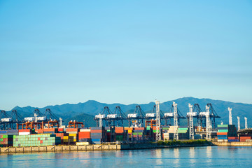 Industrial port container crane with a cruise ship
