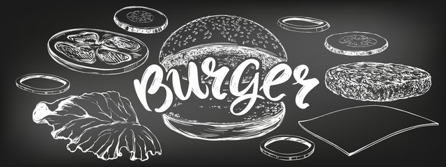 burger, hamburger hand drawn vector illustration sketch. chalk menu. retro style - obrazy, fototapety, plakaty