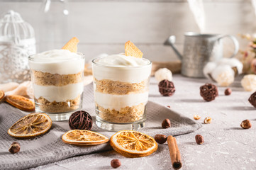 Layered mascarpone dessert with crushed vanilla biscuits and carame