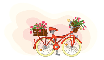 Red bike with basket and trunk full of flowers. spring trip with tulips