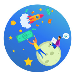 Cartoon Woman Man Investor Dollar Rocket in Space
