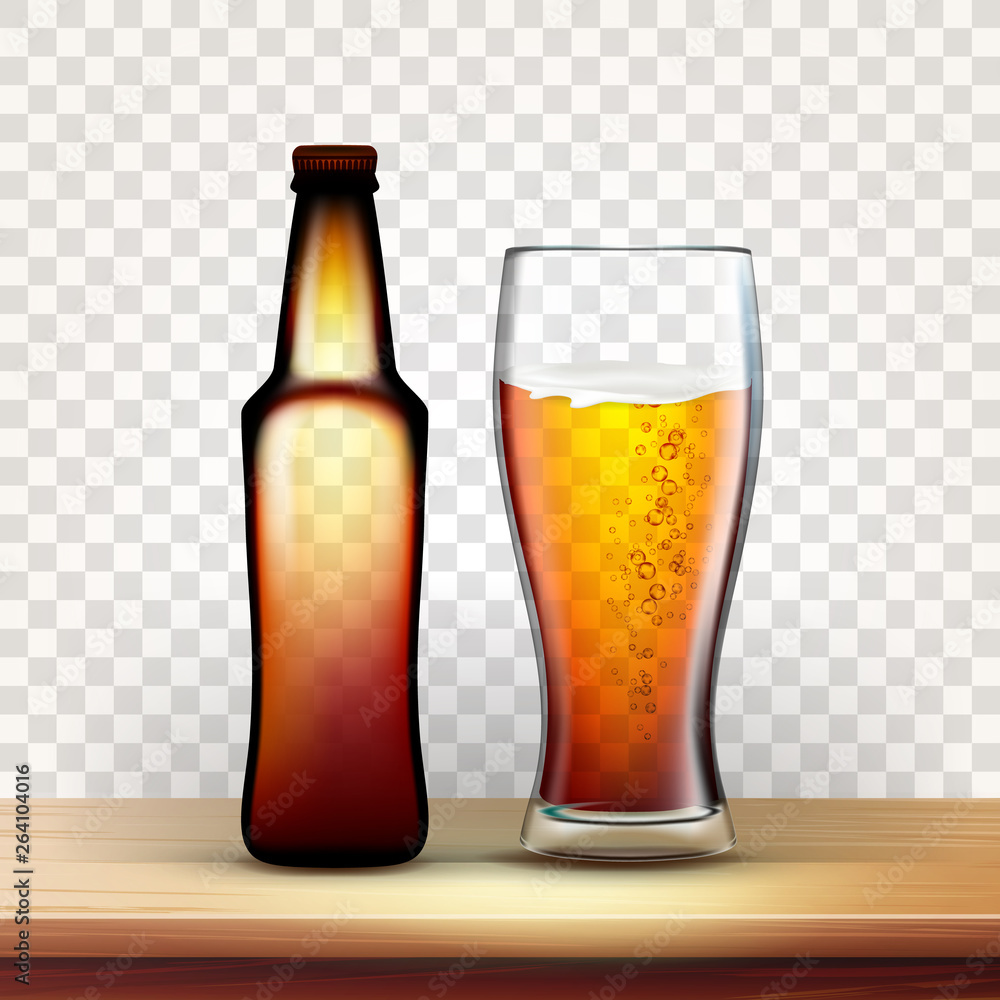 Poster realistic bottle and full glass of red beer vector. container for foamy lager beverage and goblet on