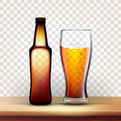 Realistic Bottle And Full Glass Of Red Beer Vector. Container For Foamy Lager Beverage And Goblet On Wooden Table. Mockup Blank Sticker. Image Isolated On Transparency Grid Background. 3d Illustration