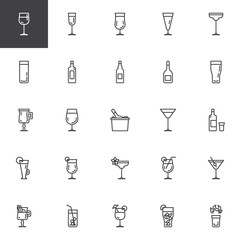 Cocktails line icons set. linear style symbols collection, outline signs pack. vector graphics. Set includes icons as alcoholic drinks, ice tea glass, beverage, wine bottle, hot shot, mojito drink 