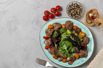 Chicken liver salad. The view from the top. Copy-space.