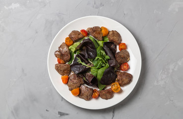 Chicken liver salad. The view from the top. Copy-space.