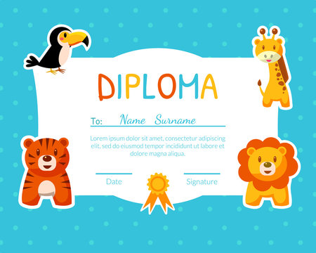 Colorful Diploma Template for Kids with Place For Your Text, Preschool, Kindergarten Children Certificate with Cute Animals Vector Illustration