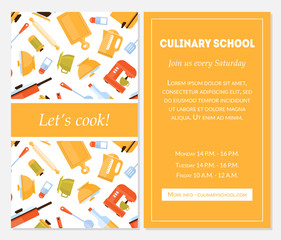 Cooking School Banner Template, Lets Cook Invitation Card with Place for Text and Kitchen Utensils for Food Preparation Vector Illustration