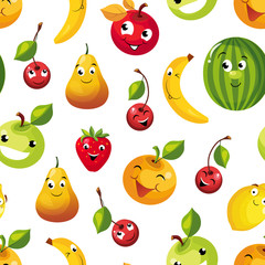 Cute Funny Fruits Seamless Pattern, Pear, Apple, Orange, Cherry, Lemon, Watermelon, Banana Characters with Funny Faces Vector Illustration