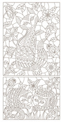 Obraz premium A set of contour illustrations of stained glass cats on a background of colors, dark outline on a white background