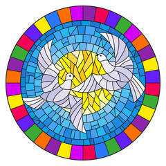Obraz premium Illustration in stained glass style with a pair of white doves on the background of the daytime sky and clouds, oval picture in a bright frame