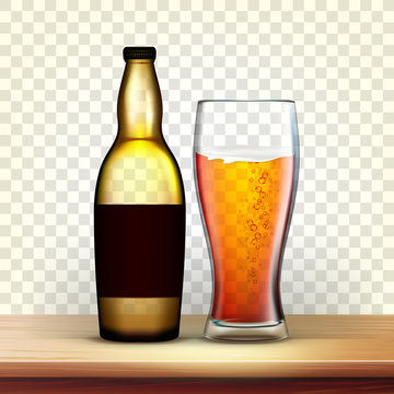 Realistic Bottle And Glass With Cold Beer Vector. Empty Closed Bottle. Mockup Template Blank For Product Packaging Advertisement. Image Isolated On Transparency Grid Background. 3d Illustration