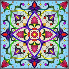 Papier Peint photo autocollant Tuiles marocaines Illustration dans le style de vitrail avec des ornements floraux abstraits, des fleurs, des feuilles et des boucles sur fond bleu, image carrée