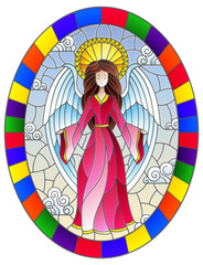 Illustration in stained glass style with girl angel in pink dress on background of sky and clouds, oval image in bright frame 