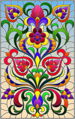 Illustration in stained glass style with abstract  swirls,flowers and leaves  on a sky background