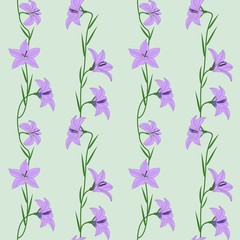 Pastel seamless pattern - delicate flowers lilac campanula on a light azure background. EPS Vector file suitable for filling any form.