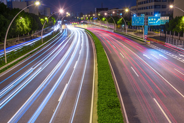 The cars on the highway light trails in Shanghai, China