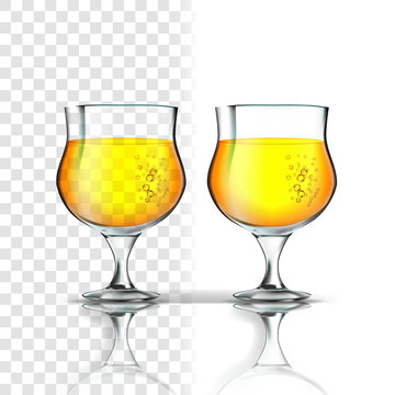 Realistic Glass With Apple Cider Or Beer Vector. Mockup Template Orange Golden Cognac, Sctoch Or Cider Alcoholic Beverage In Glass Isolated On Transparency Grid Background. 3d Illustration