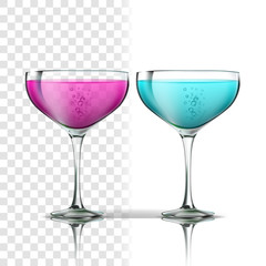 Realistic Glass With Beverage Cocktail Vector. Classic Blue Lagune And Fresh Purple Cocktail Frozen Alcoholic Drink With Liquor Isolated On Transparency Grid Background. 3d Illustration