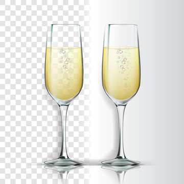 Realistic Glass With Sparkling Champagne Vector. Champagne Is White Wine Product. Crystal Luxury Elegant Alcoholic Beverage With Bubbles Isolated On Transparency Grid Background. 3d Illustration