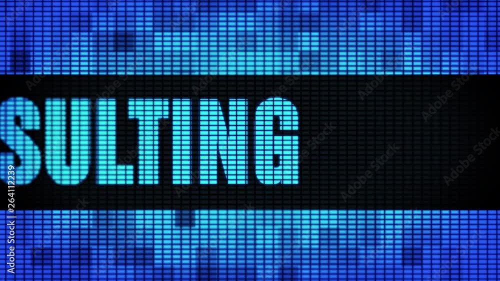 Poster online consulting front text scrolling on light blue digital led display board pixel light screen lo