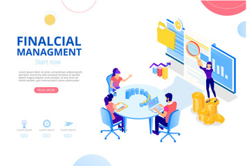 Financial management, audit, development strategy, crisis management. Homepage design template with chart.