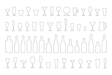 wine glasses and bottles set. Vector outline black and white illustration.