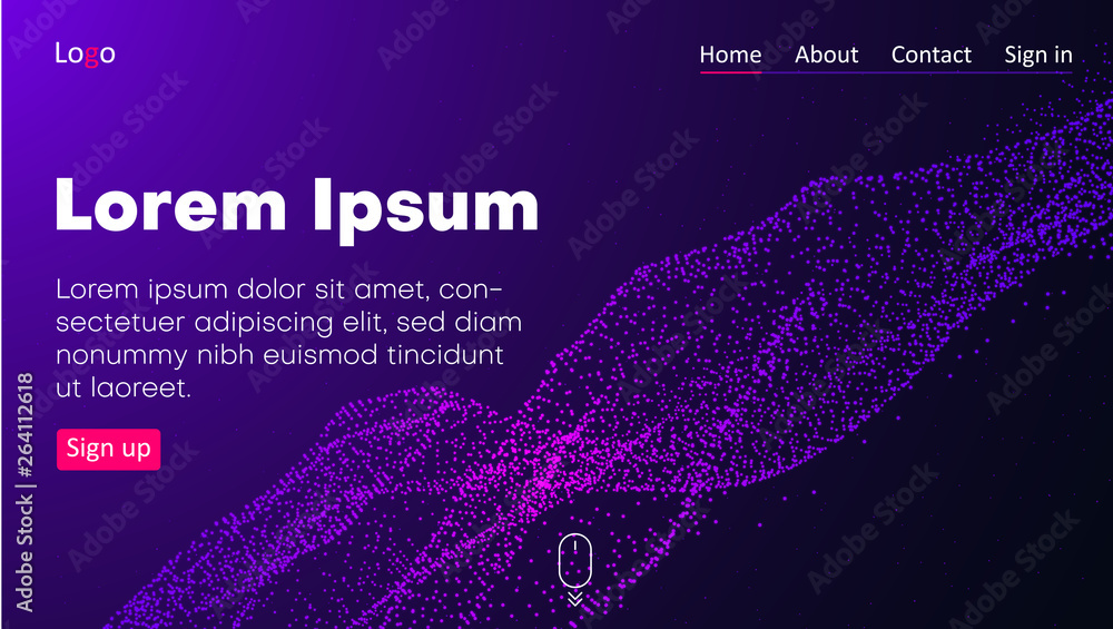 Wall mural purple web homepage template with icons and abstract digital neon pattern.