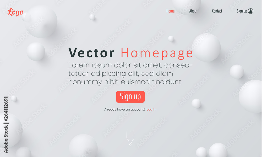 Wall mural white web homepage template with icons and abstract balls pattern.