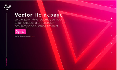 Web homepage template with icons and pink neon triangle pattern.