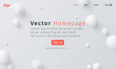 White web homepage template with icons and abstract balls pattern.
