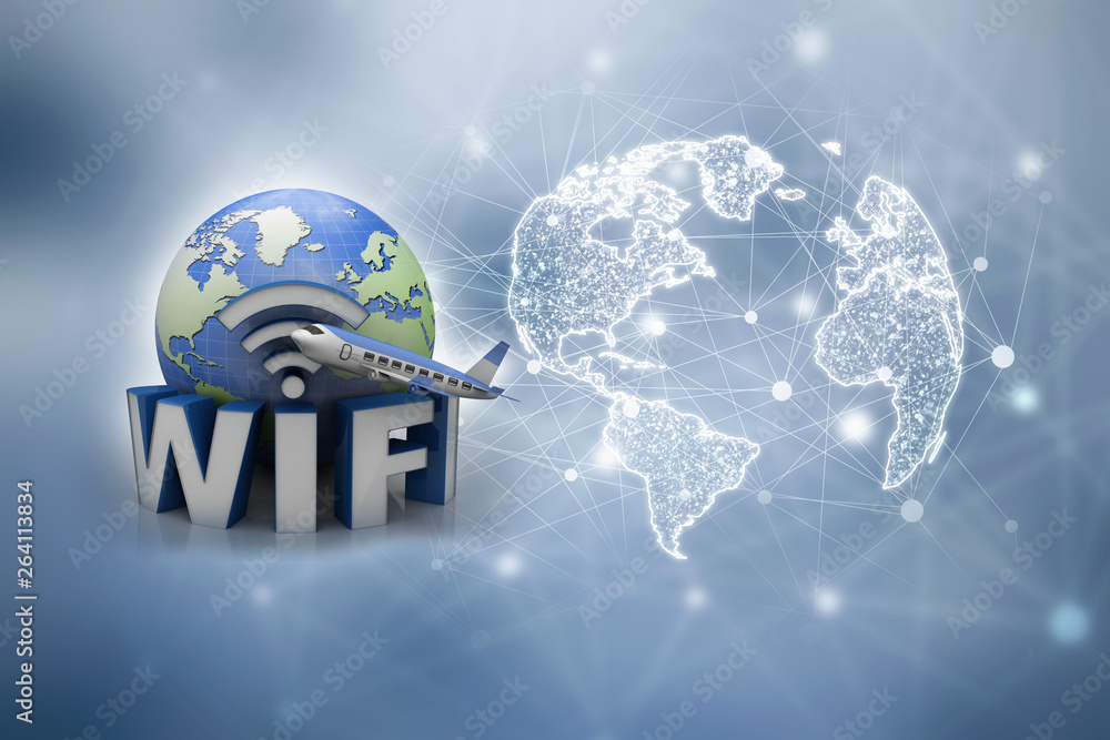 Poster 3d rendering airplane with wifi sign