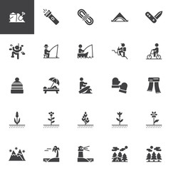 Outdoors, recreation vector icons set, modern solid symbol collection, filled style pictogram pack. Signs, logo illustration. Set includes icons as Camping tent, Climbing wall, fishing rod, Sunbathing